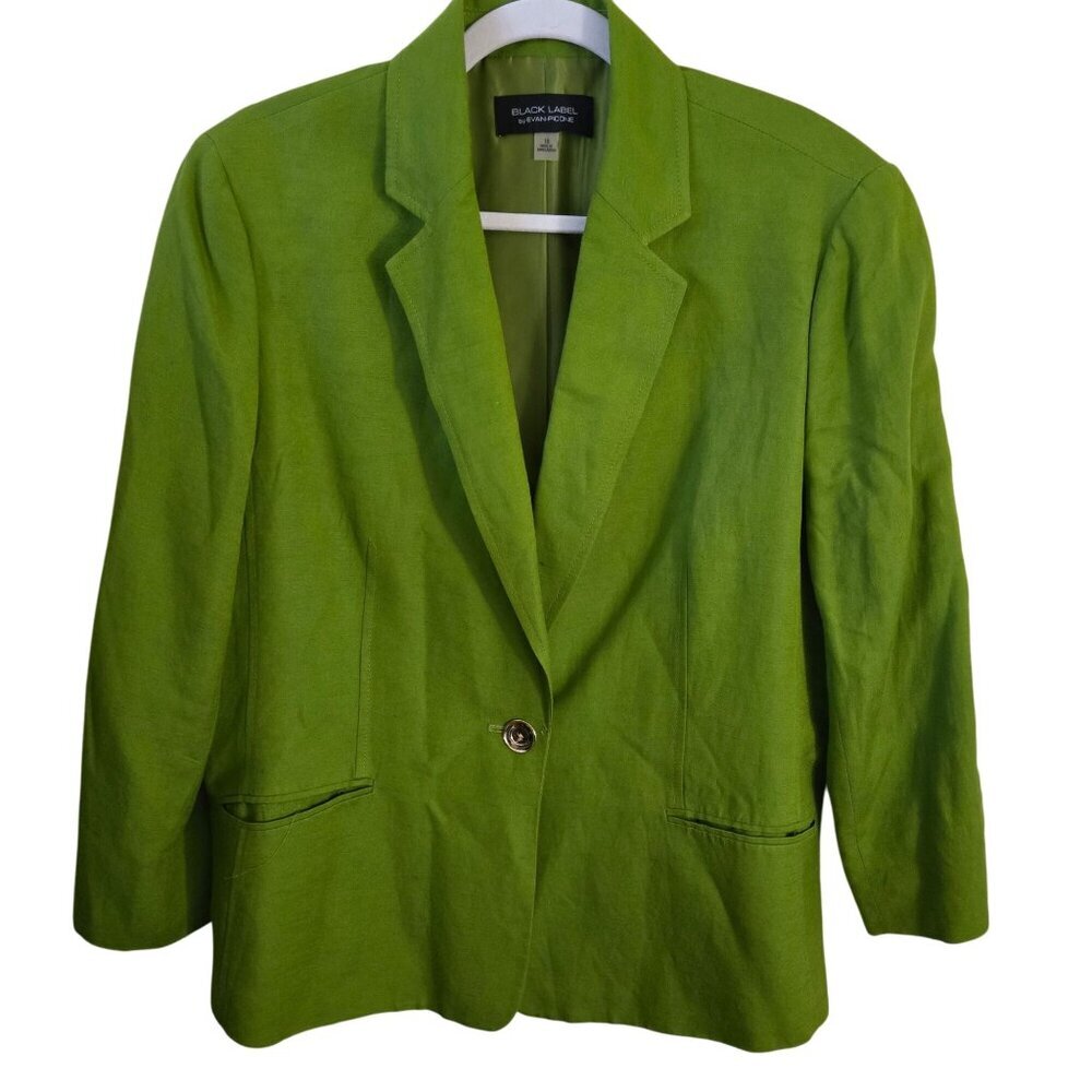 Evan Picone Black Label Spring Green Linen Blend One Gold Button Blazer Size 16